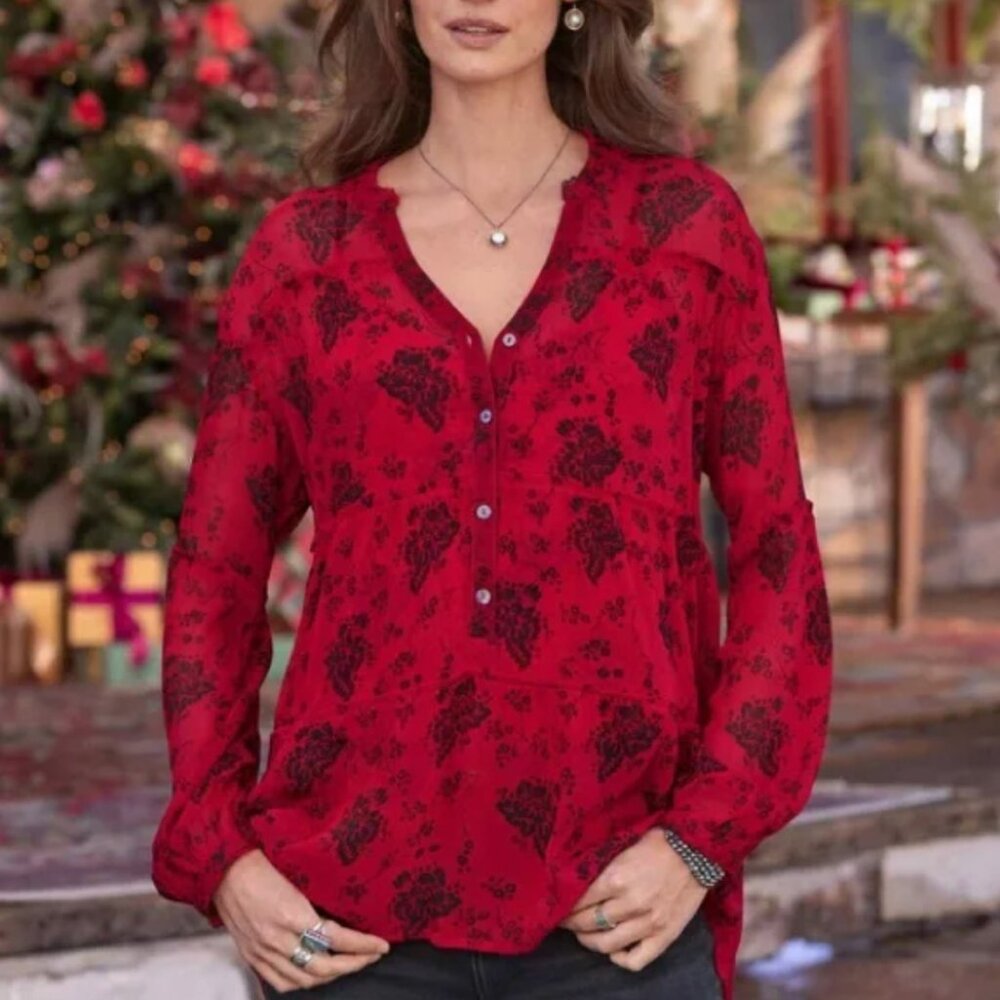 Sundance Elodie Red Floral Sheer Lined Blouse Top SZ Small Romantic Boho A29